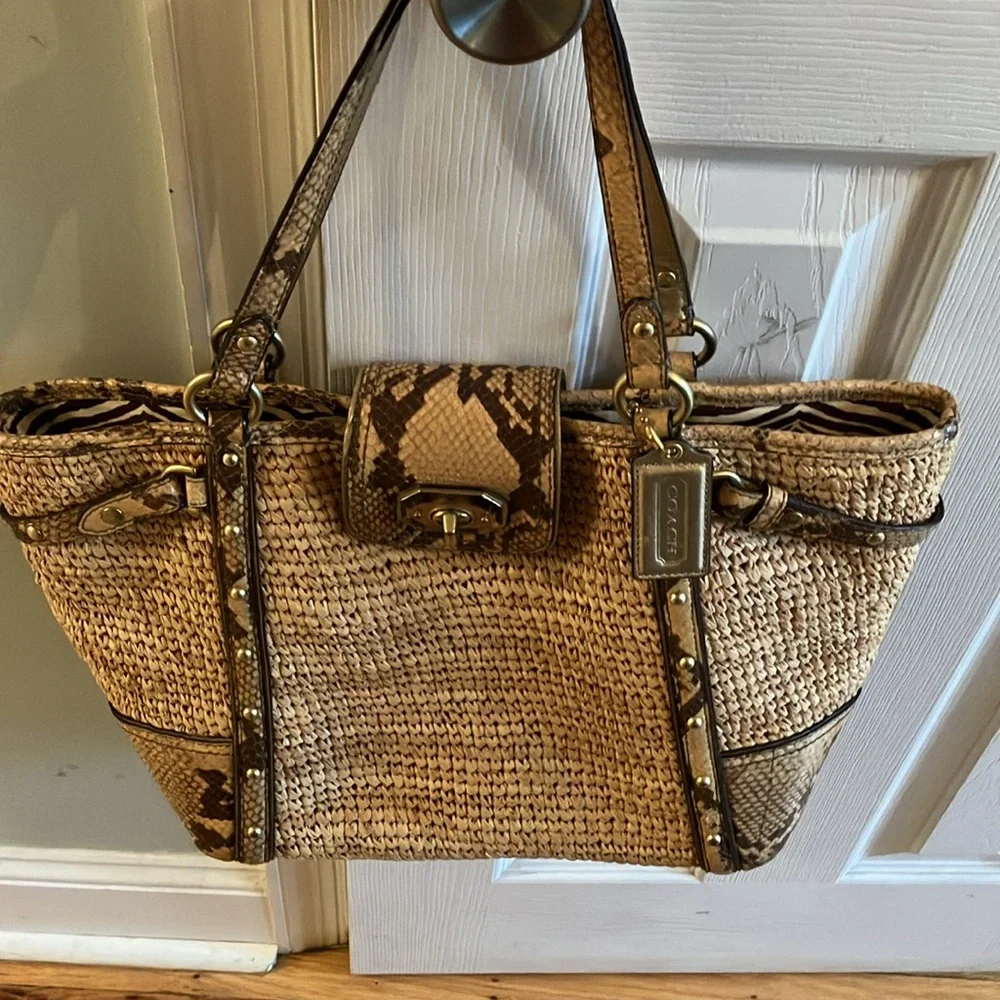 Coach straw Hampton tote python embossed leather trim Y2K beach bag EUC - Picture 7 of 11